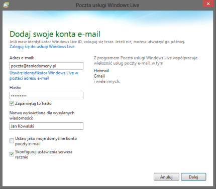 windows mail dodaj nowe konto