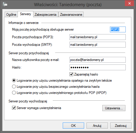 windows mail właściwości serwery