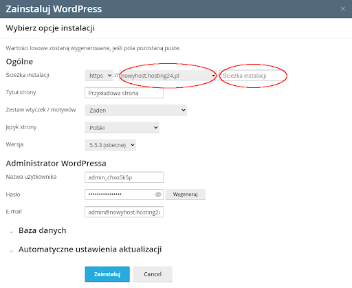 Wybór opcji instalacji WordPress Management
