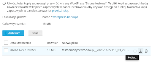 WP Toolkit przywracanie danych