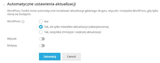 WP Toolkit ustawienia aktualizacji