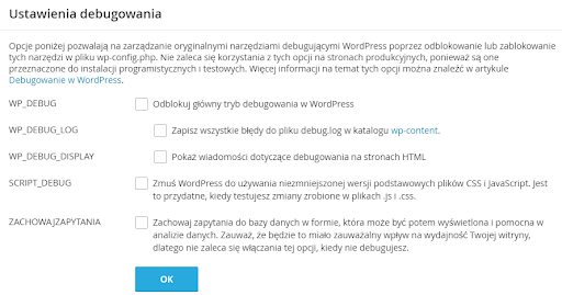 WordPress Management ustawienia debugowania