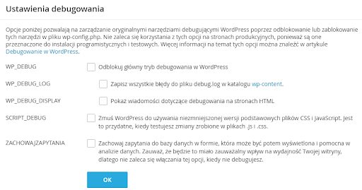 WP Toolkit ustawienia debugowania