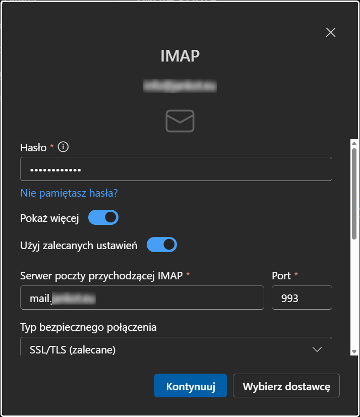 Nowy Outlook dla Windows - ustawienia serwera poczty przychodzącej IMAP
