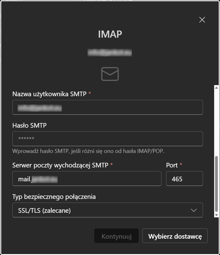 Nowy Outlook dla Windows - ustawienia serwera poczty wychodzącej SMTP