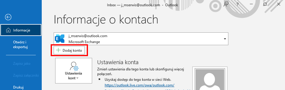 Outlook 2021 dodaj konto