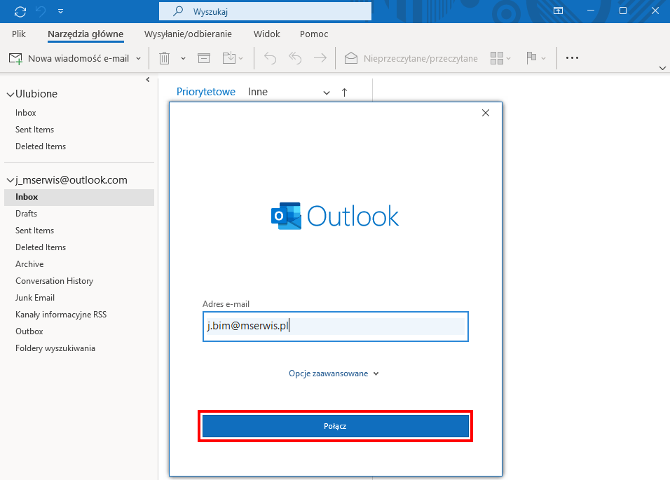 Outlook 2021 połącz konto