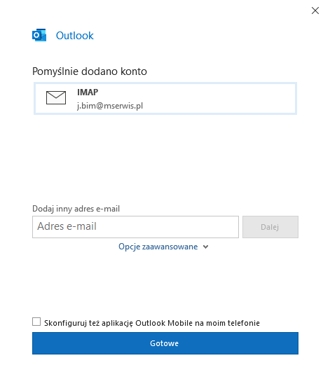 Outlook 2021 - pomyślnie dodane konto