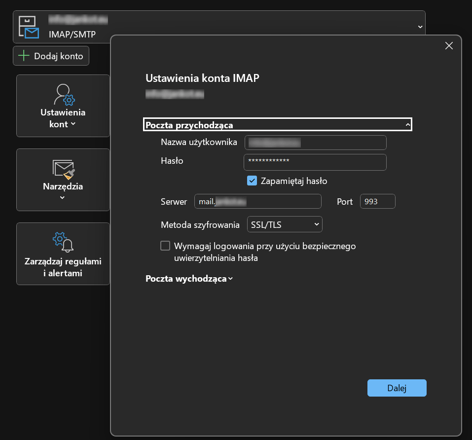 Outlook 2024 - ustawienia serwera poczty przychodzącej IMAP