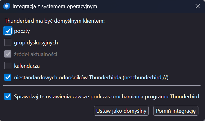 Thunderbird - ustawienie jako domyślny klient poczty
