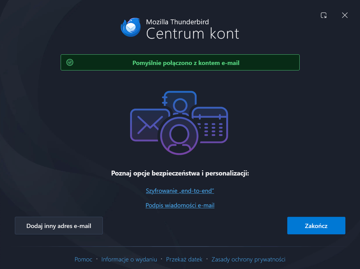 Thunderbird - pomyślnie dodane konto e-mail