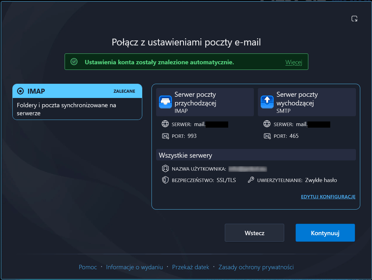 Thunderbird - automatycznie wykryte ustawienia serwera IMAP i SMTP